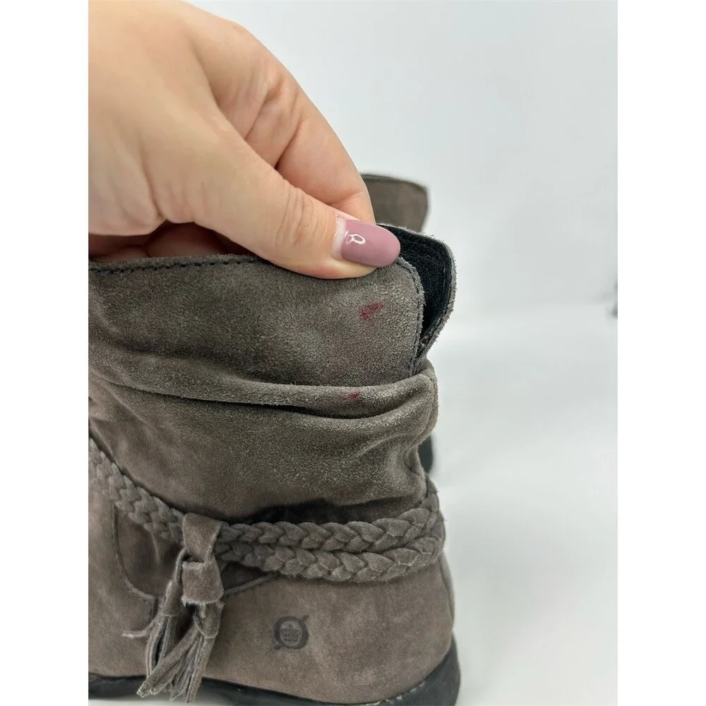 Born Womens Ankle Booties Gray Suede Slouch Braided Tassel Side Zip Size 10